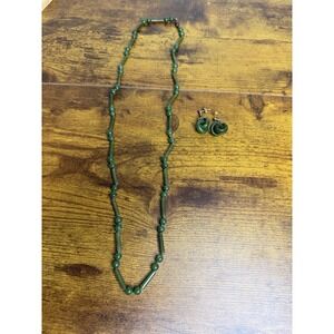 Carved Green Celadon Jade Stone Chain Gold tone Dangle Earrings And Necklace